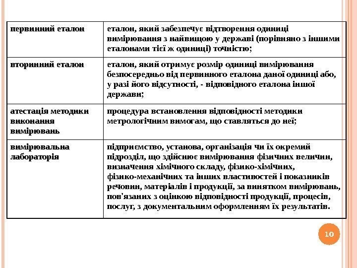 10 первинний еталон, який забезпечує відтворення одиниці вимірювання з найвищою у державі (порівняно з