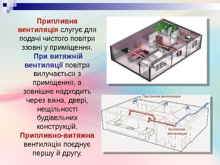 Припливна вентиляція слугуєдля подачічистогоповітря ззовніуприміщення.  При витяжній вентиляції повітря вилучаєтьсяз приміщення, а зовнішнєнадходить