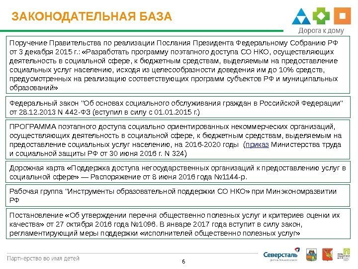  6 ЗАКОНОДАТЕЛЬНАЯ БАЗА Поручение Правительства по реализации Послания Президента Федеральному Собранию РФ от