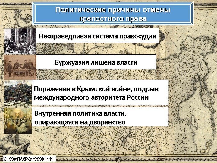 Политические причины отмены крепостного права Несправедливая система правосудия Буржуазия лишена власти Поражение в Крымской