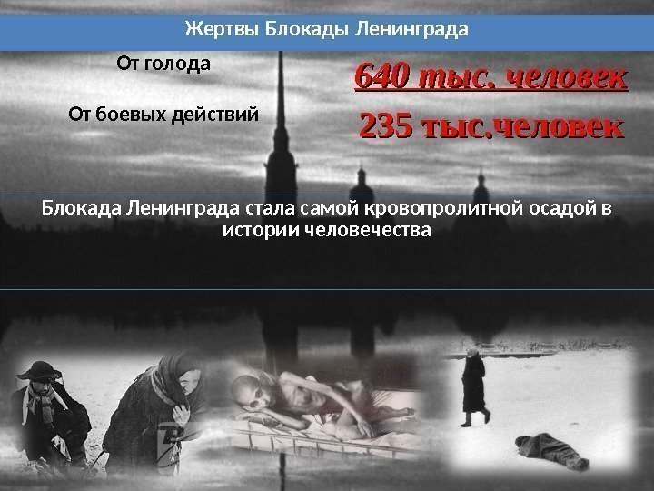 Жертвы Блокады Ленинграда От голода 640 тыс. человек От боевых действий 235 тыс. человек