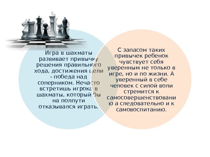 Игра в шахматы развивает привычку решения правильного хода, достижения цели - победа над соперником.