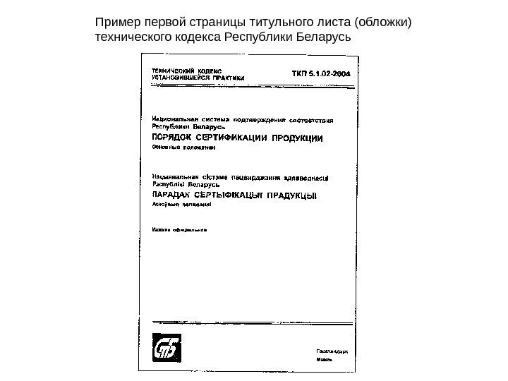 Пример первой страницы титульного листа (обложки) технического кодекса Республики Беларусь 