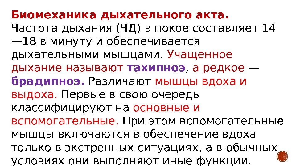 Биомеханика дыхательного акта.  Частота дыхания (ЧД) в покое составляет 14 — 18 в