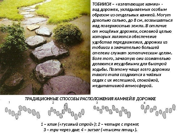 ТОБИИСИ – «взлетающие камни» - вид дорожек, укладываемых особым образом из отдельных камней. Могут