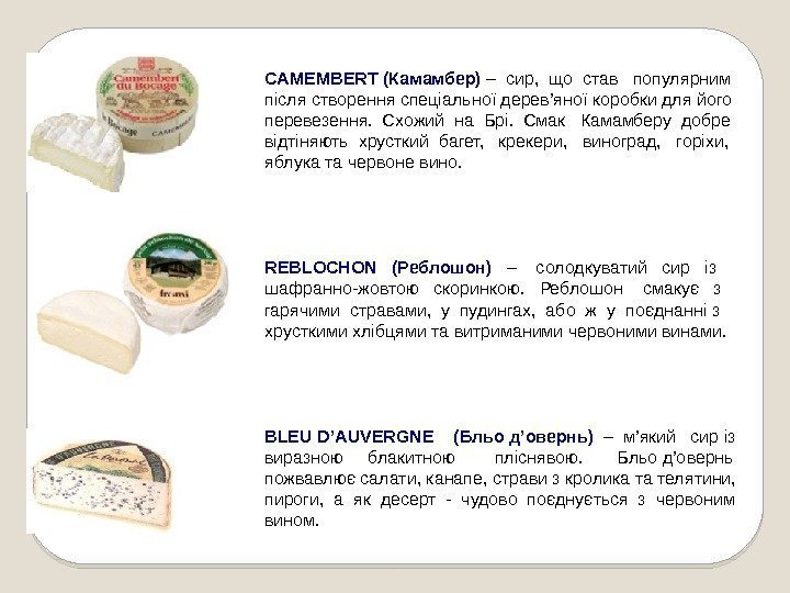 CAMEMBERT(Камамбер) – сир,  що став  популярним після створення спеціальної дерев’яної коробки для