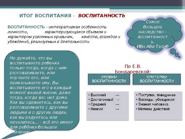 ИТОГ ВОСПИТАНИЯ –  ВОСПИТАННОСТЬ - интегративная особенность личности,  характеризующаяся объемом и характером