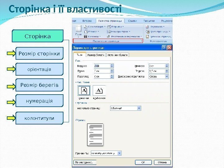 Ст о рінка і її властивості Сторінка Розмір сторінки орієнтація нумерація колонтитули. Розмір берегів