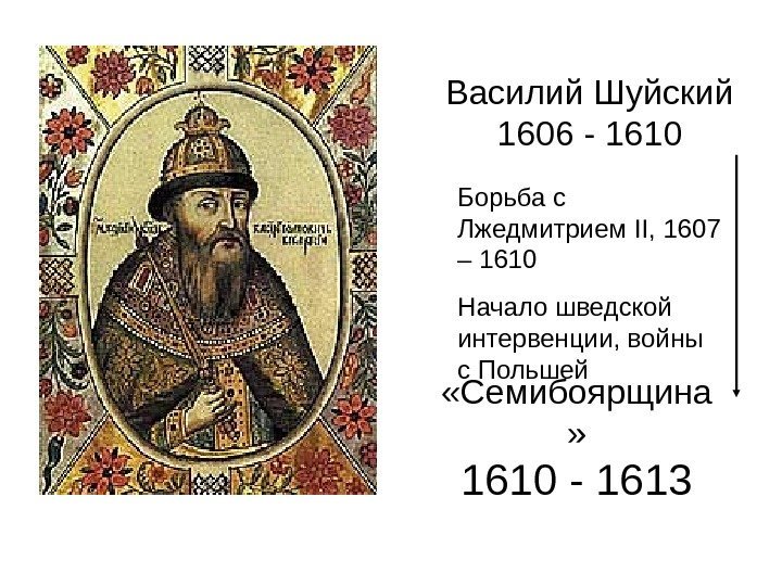 Василий Шуйский 1606 - 1610 «Семибоярщина » 1610 - 1613 Борьба с Лжедмитрием II