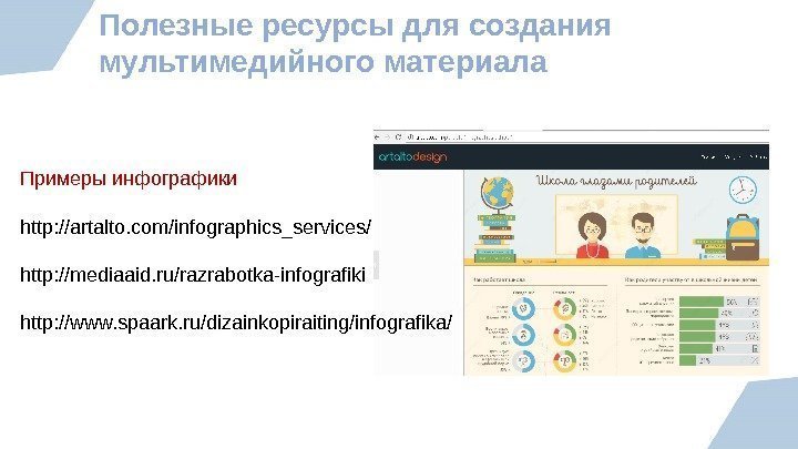 Полезные ресурсы для создания мультимедийного материала Примеры инфографики http: //artalto. com/infographics_services/ http: //mediaaid. ru/razrabotka-infografiki