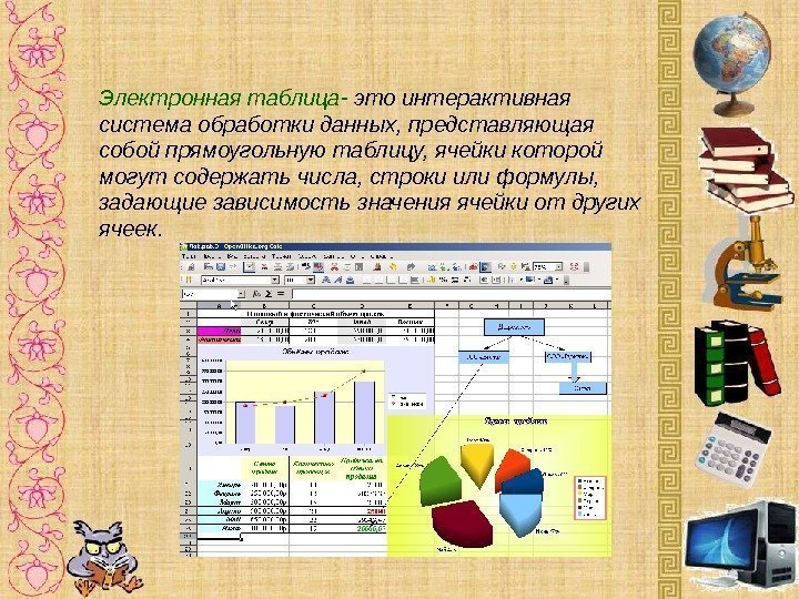 Электронная таблица- это интерактивная система обработки данных, представляющая собой прямоугольную таблицу, ячейки которой могут