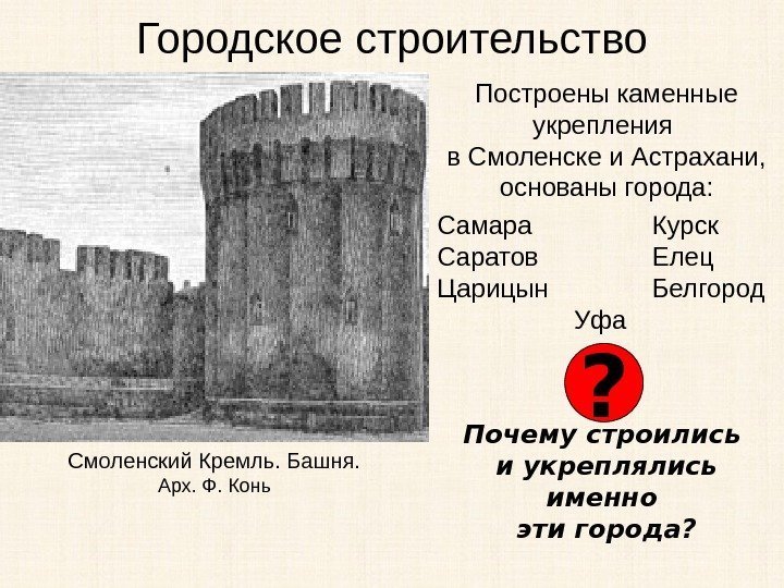 Городское строительство Построены каменные укрепления в Смоленске  и Астрахани,  основаны города: Самара