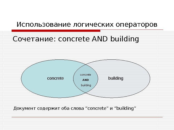 Использование логических операторов Сочетание : concrete AND building concrete buildingconcrete AND  building Документ