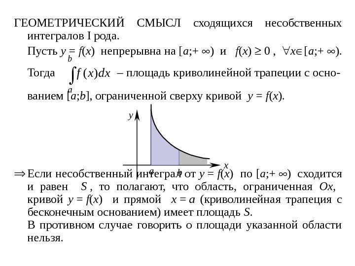 ГЕОМЕТРИЧЕСКИЙ СМЫСЛ сходящихся несобственных интегралов I рода.  Пусть y = f ( x