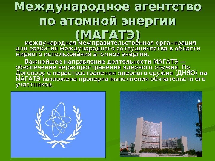 Международное агентство по атомной энергии (МАГАТЭ)    международная межправительственная организация для развития