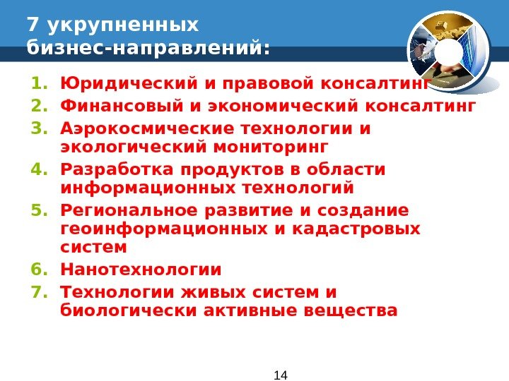 147 укрупненных бизнес-направлений: 1. Юридический и правовой консалтинг 2. Финансовый и экономический консалтинг 3.