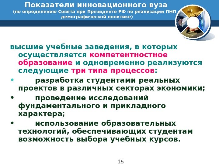 15 Показатели инновационного вуза  (по определению Совета при Президенте РФ по реализации ПНП