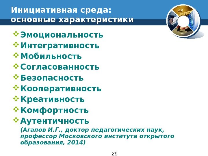 29 Инициативная среда:  основные характеристики Эмоциональность Интегративность Мобильность Согласованность Безопасность Кооперативность Креативность Комфортность