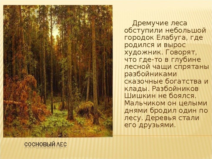   Дремучие леса обступили небольшой городок Елабуга, где родился и вырос художник. Говорят,