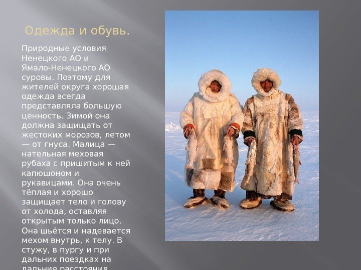 Одежда и обувь. Природные условия Ненецкого АО и Ямало-Ненецкого АО суровы. Поэтому для жителей
