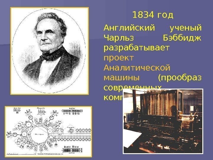  1834 год Английский ученый Чарльз Бэббидж разрабатывает проект Аналитической машины  (прообраз современных