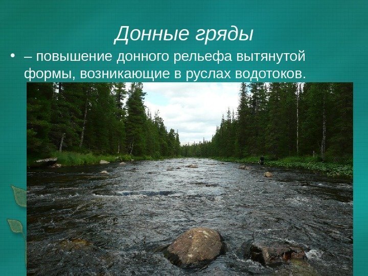 Донные гряды  • – повышение донного рельефа вытянутой формы, возникающие в руслах водотоков.