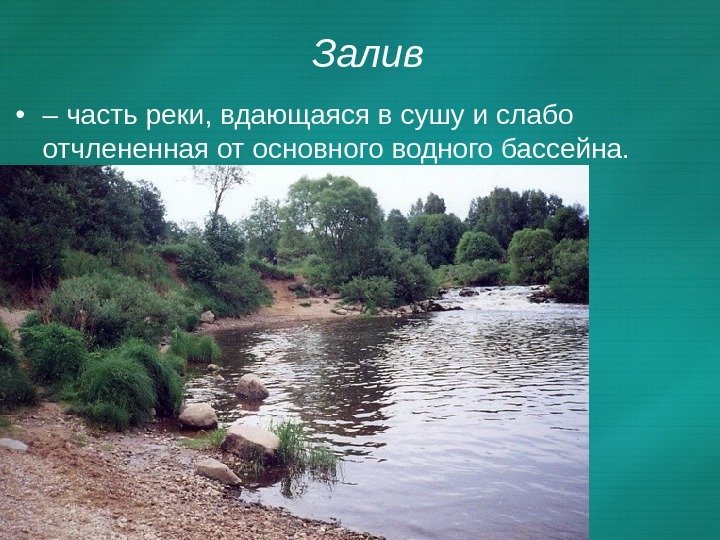 Залив • – часть реки, вдающаяся в сушу и слабо отчлененная от основного водного