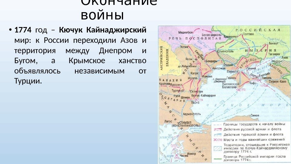 Окончание войны • 1774  год – Кючук Кайнаджирский  мир:  к России