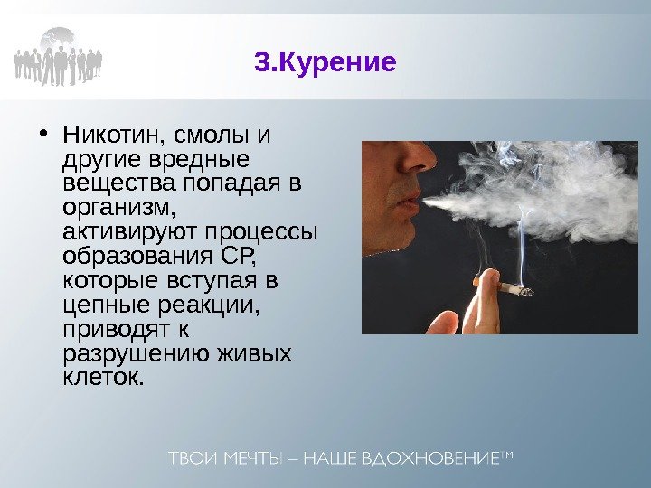 3. Курение • Никотин, смолы и другие вредные вещества попадая в организм,  активируют