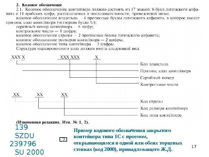 17139 SZDU 239796 SU 2000 2 Пример кодового обозначения закрытого контейнера типа 1 C