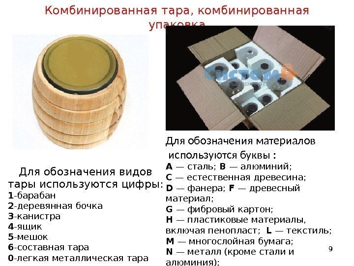 Комбинированная тара, комбинированная упаковка 9 Для обозначения видов тары используются цифры: 1 -барабан 2