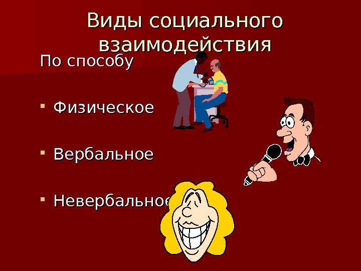 Виды социального взаимодействия По способу Физическое Вербальное Невербальное 