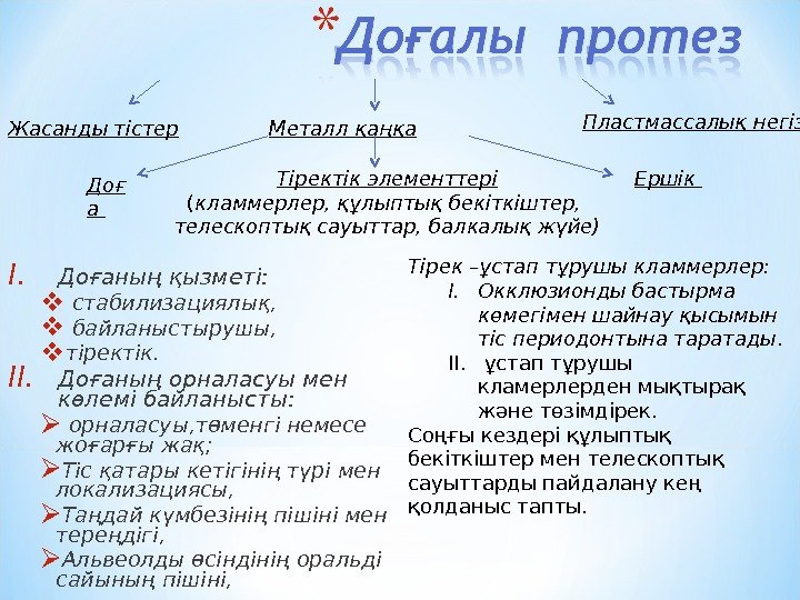 I. Доғаның қызметі: стабилизациялық, байланыстырушы,  тіректік.  II. Доғаның орналасуы мен көлемі байланысты: