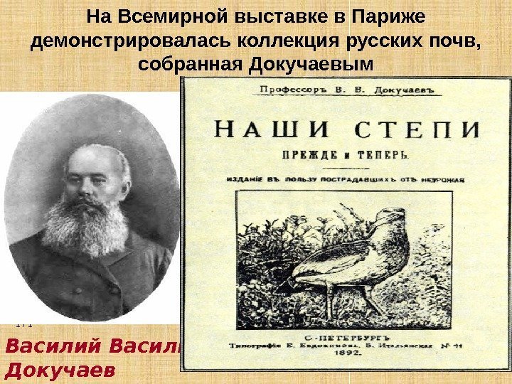 На Всемирной выставке в Париже демонстрировалась коллекция русских почв,  собранная Докучаевым  1