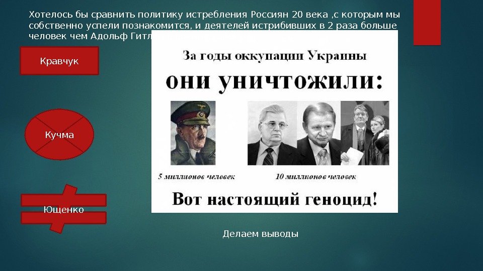 Делаем выводы. Кравчук Кучма Ющенко. Хотелось бы сравнить политику истребления Россиян 20 века ,