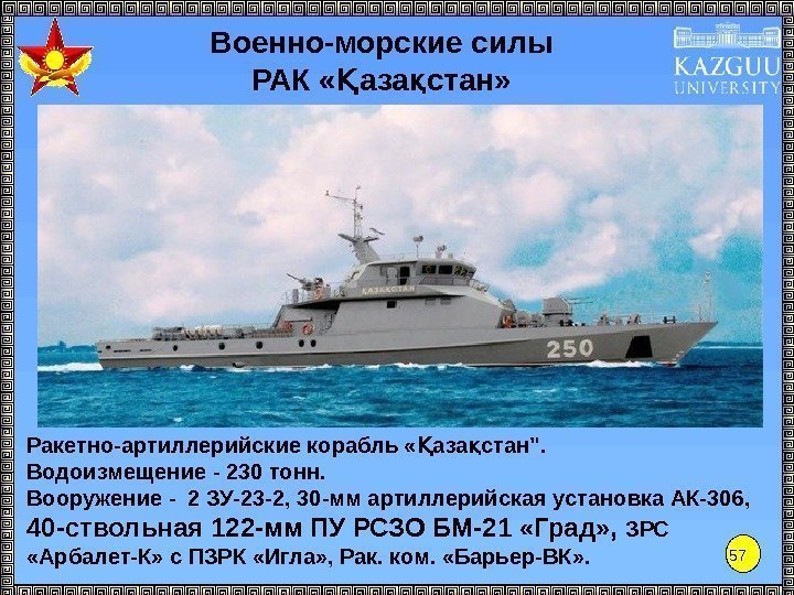57 РАК « аза стан» Қ қ Ракетно-артиллерийские корабль « аза стан.  Қ
