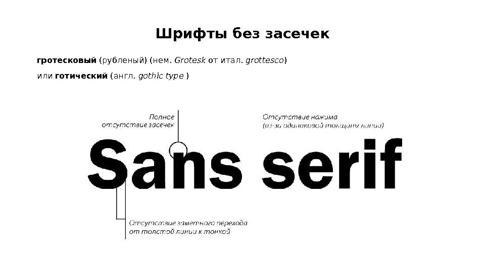 Шрифты без засечек гротесковый (рубленый) (нем. Grotesk от итал. grottesco ) или готический (англ. Шрифты без засечек гротесковый (рубленый) (нем. Grotesk от итал. grottesco ) или готический (англ.