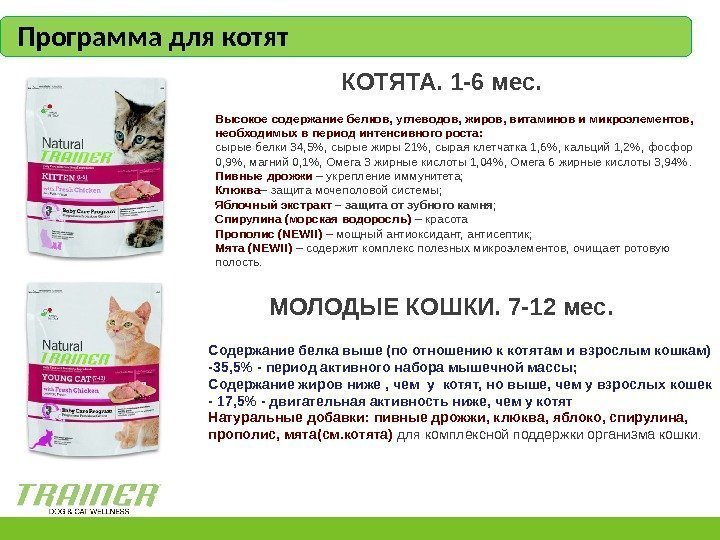 КОТЯТА. 1 -6 мес. МОЛОДЫЕ КОШКИ. 7 -12 мес. Содержание белка выше (по отношению