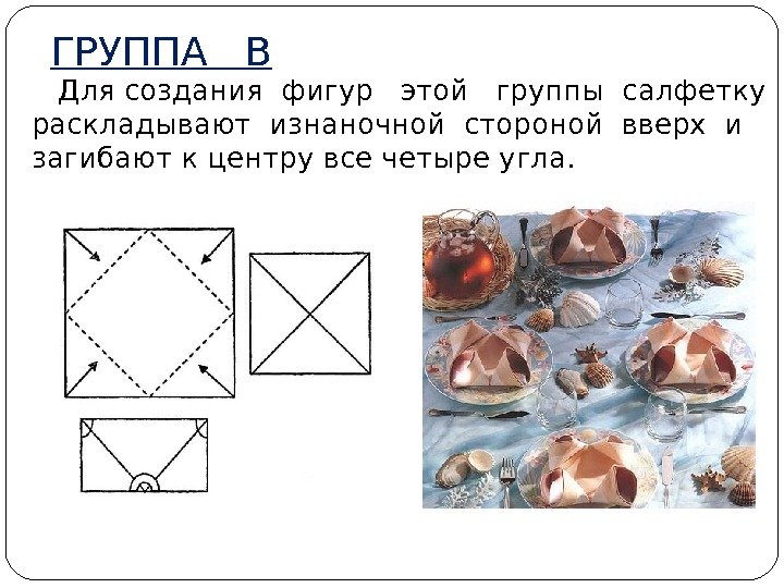 ГРУППА  В   Для создания фигур  этой  группы салфетку раскладывают