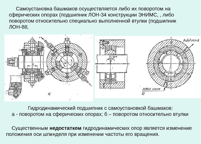    Самоустановка башмаков осуществляется либо их поворотом на сферических опорах (подшипник ЛОН-34