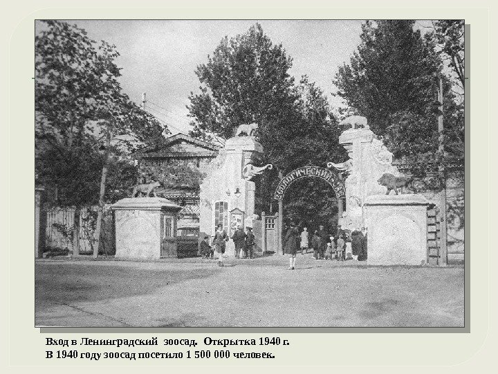Вход в Ленинградский зоосад.  Открытка 1940 г. В 1940 году зоосад посетило 1