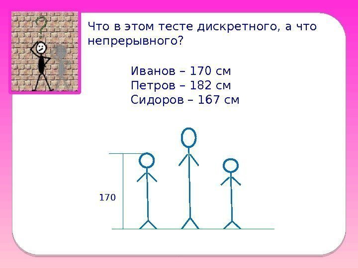  Что в этом тесте дискретного, а что непрерывного? Иванов – 170 см Петров