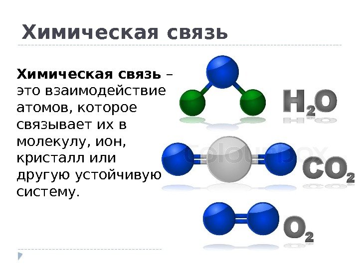Химическая связь – это взаимодействие атомов, которое связывает их в молекулу, ион,  кристалл