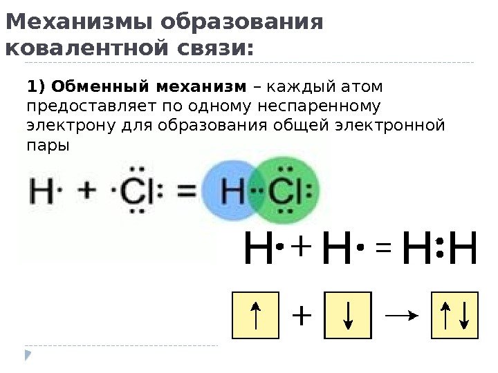 Механизмы образования ковалентной связи:  1) Обменный механизм – каждый атом предоставляет по одному