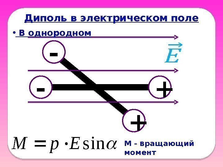 - + М - вращающий момент- +Диполь в электрическом поле •  В однородномsin.