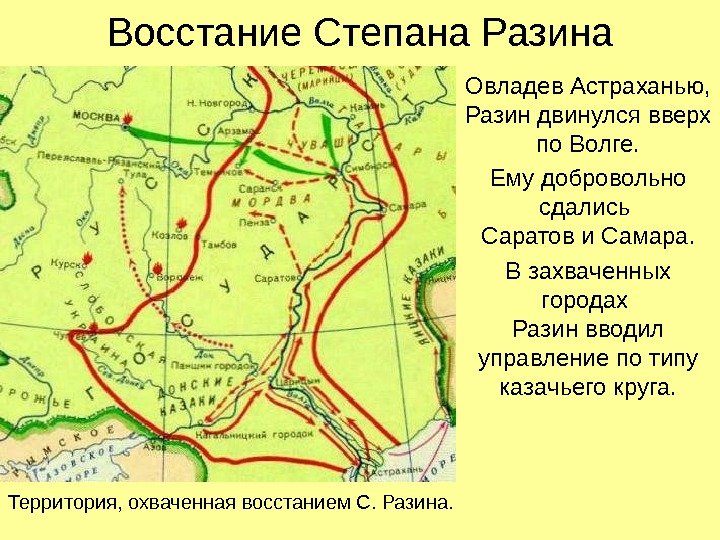 Восстание Степана Разина Овладев Астраханью,  Разин двинулся вверх по Волге. Ему добровольно сдались