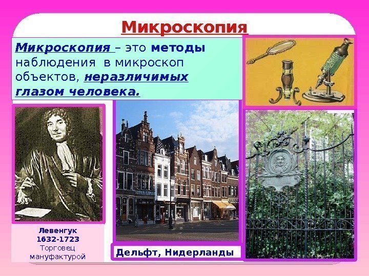 Микроскопия Дельфт, Нидерланды. Микроскопия – это методы наблюдения в микроскоп объектов,  неразличимых глазом