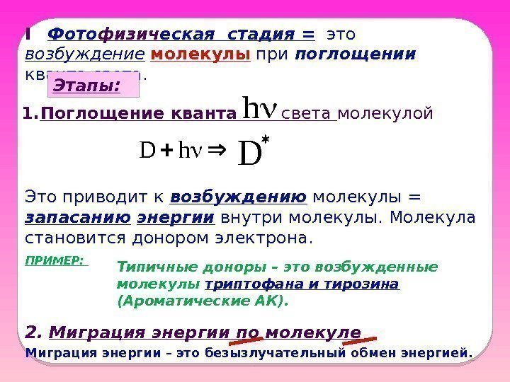 I Фото физич еская стадия =  это возбуждение  молекулы при поглощении 