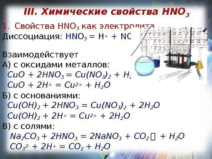 III.  Химические свойства HNO 3 1. Свойства HNO 3 как электролита Диссоциация: 