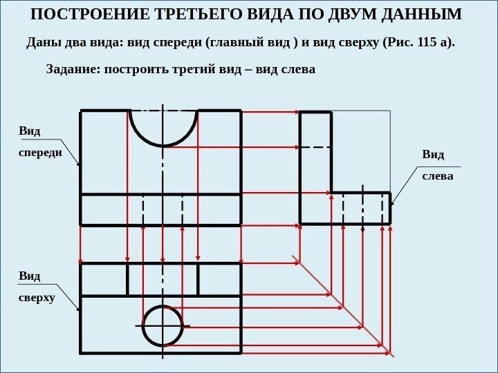 ПОСТРОЕНИЕ ТРЕТЬЕГО ВИДА ПО ДВУМ ДАННЫМ Даны два вида: вид спереди (главный вид )